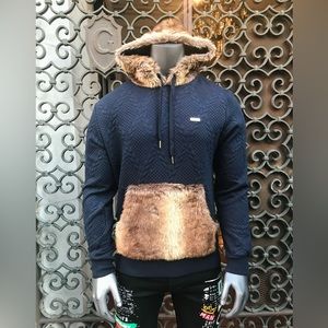 Men’s Makobi Navy | Brown Faux Fur Quilted Pullover Hoodie NWT